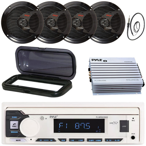 Pyle PLMRB29W2 Single DIN Marine Bluetooth USB/AUX MP3 Player AM/FM Radio Stereo Receiver w/Black Cover, 4x 6.5" 150W Max Full Range Dual Cone Waterproof Speakers, 4 Channel Amplifier, Radio Antenna