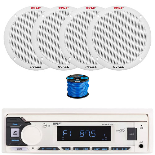 Pyle PLMRB29W2 Single DIN Marine Bluetooth USB/AUX MP3 Player AM/FM Radio Stereo Receiver, 4x 6.5" 400 Watt Max Power Dual Cone White Boat Speakers, 50 Feet 16 Gauge Speaker Wire