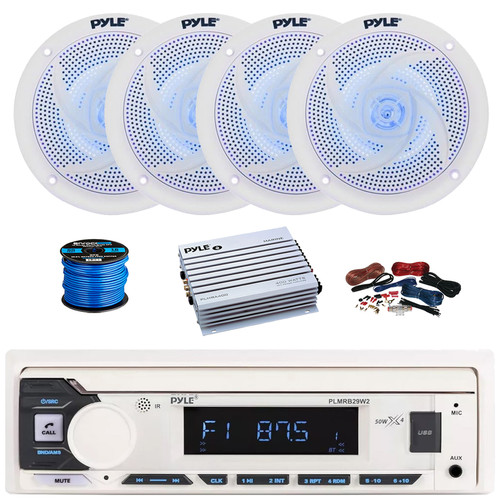 Pyle PLMRB29W2 Single DIN Marine Bluetooth USB/AUX MP3 Player AM/FM Radio Stereo Receiver, 4x 6" 240W Max Power Low Profile 2-Way Blue LED White Boat Speakers, 4-Channel Amplifier w/Kit, Speaker Wire