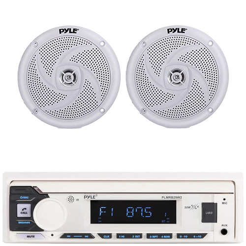 Pyle PLMRB29W2 Single DIN Marine Bluetooth USB/AUX MP3 Player AM/FM Radio Stereo Receiver, 2x 5.25" 180 Watt Max Power 2-Way Waterproof Low Profile Slim Style Boat White Audio Speakers