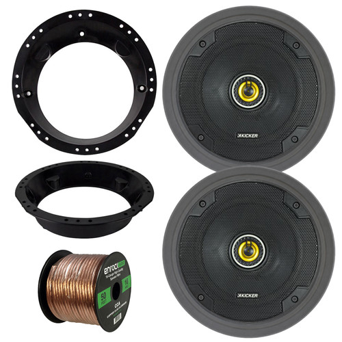 2x Kicker CSC65 CS Series 6.5" 300 Watt Max Power 4 Ohm 2-Way Coaxial Car Audio Speakers, 2x Adapter for 6.5" to 6.75" Speakers, 2x 6.5" Adjustable Speaker Baffle, Speaker Wire (Fits HD 1996-2013)