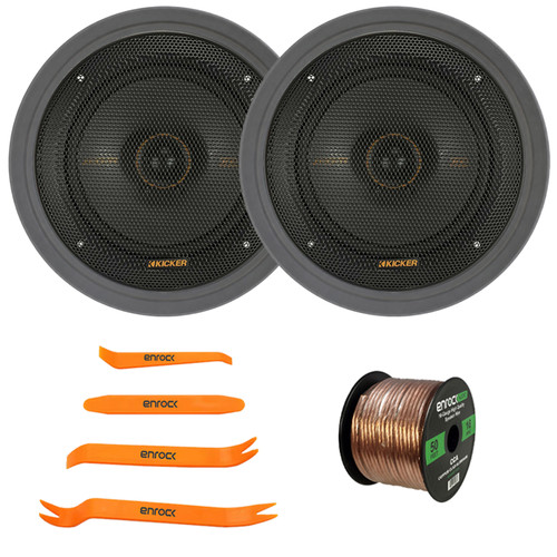 2x Kicker KSC650 KS-Series 6.5" 200 Watt Max Power 4-Ohm 2-Way Thin-Mount Car Audio Speakers, 2x 6.5" Adjustable Speaker Baffle, Pry Tool Set, 50 Feet 16 Gauge Speaker Wire