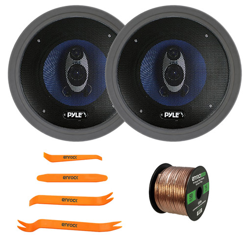 2x Pyle PL63BL 6.5'' 360 Watt Max Power 3-Way Car Audio Speakers, 2x 6.5" Adjustable Speaker Baffle, Pry Tool Set, 50 Feet 16 Gauge Speaker Wire