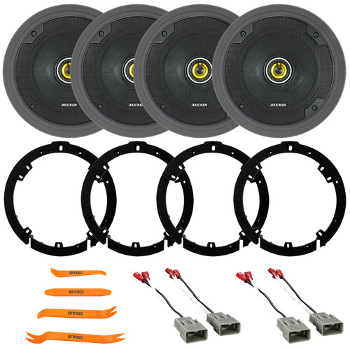 4x Kicker CSC65 CS Series 6.5" 300W Max 2-Way Coaxial Car Speakers, 4x Speaker Plate Adapters, 2x Speaker Connector Harnesses, 4x Adjustable Speaker Baffle, Pry Tool Set (Fits 2006-2011 Honda Civic)