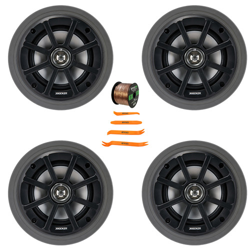 4x Kicker PSC65 6.5" 120 Watt Max Power Weather-Proof Powersports 2 Ohm Coaxial Speakers, 4x 6.5" Adjustable Speaker Baffle, Pry Tool Set, 50 Feet 16 Gauge Speaker Wire