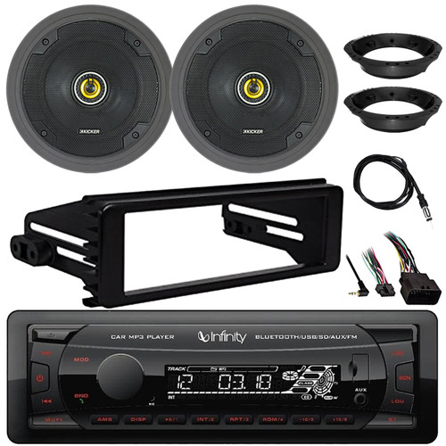 Infinity Alpha 100 Single DIN Bluetooth USB/AUX MP3 Player SD FM Radio Digital Media Receiver w/Install Kit, 2x 6.5" 300W Max Power 2-Way Coaxial Speakers w/Adapters, 2x Speaker Baffle, Radio Antenna