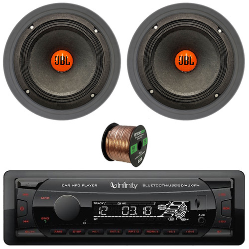 Infinity Alpha 100 Single DIN Bluetooth USB/AUX SD MP3 Player FM Radio Digital Media Car Audio Receiver, 2x 6.5" 300W Max Midrange Woofer Automotive Speakers, 2x Adjustable Speaker Baffle, Wire