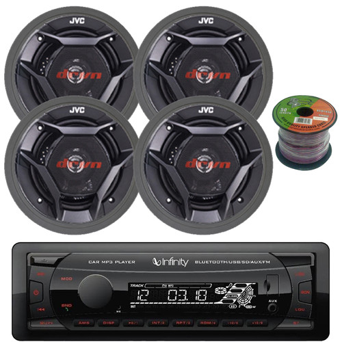 Infinity Alpha 100 Single DIN Bluetooth USB/AUX MP3 Player SD FM Radio Digital Media Car Audio Receiver, 4x 6.5" 300W Max 2-Way Speakers, 4x Adjustable Speaker Baffle, 50 Feet 14 Gauge Speaker Wire