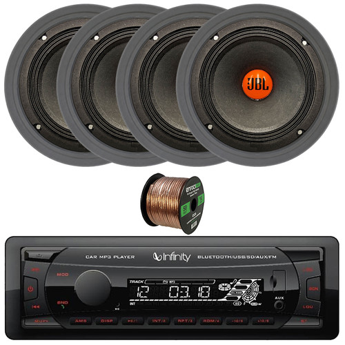 Infinity Alpha 100 Single DIN Bluetooth USB/AUX SD MP3 Player FM Radio Digital Media Car Audio Receiver, 4x 6.5" 300W Max Power Midrange Woofer Speakers, 4x Adjustable Speaker Baffle, Speaker Wire