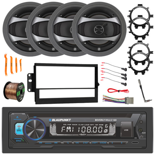 Blaupunkt Beverly Hills 160 Single DIN Bluetooth CD/DVD AM/FM Receiver w/Install Kit, 4x 6.5" 100W Speakers w/Adapters + Harness, Wiring Harness, Antenna Adapter, 4x Speaker Baffle, Wire, Pry Tool Set
