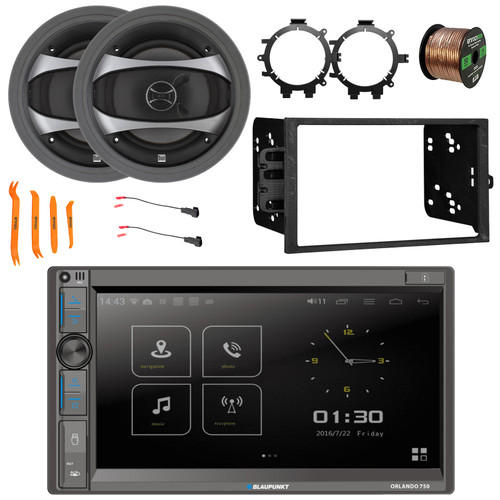Blaupunkt Orlando 750 6.9" Touchscreen Double DIN Bluetooth AM/FM Receiver w/Install Kit, 2x 6.5" 100W Max 2-Way Car Speakers w/Adapters + Wire Harness, 2x Speaker Baffle, Speaker Wire, Pry Tool Set