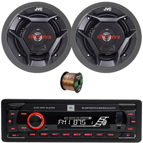 JBL Celebrity100 Single DIN Bluetooth USB/AUX SD/MP3 FM Radio High Power Meshless Stereo Car Audio Receiver, 2x 6.5" 300 Watt Max 2-Way Coaxial Automotive Speakers w/Adjustable Baffle, Speaker Wire