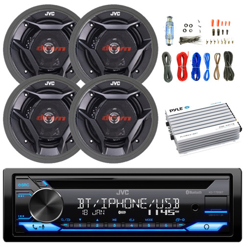 JVC KD-T720BT Single DIN Bluetooth USB/AUX CD Player AM/FM Radio Multimedia Car Audio Stereo Receiver, 4x 6.5" 300W Max 2-Way Coaxial Speakers, 4x Adjustable Speaker Baffle, 4 Channel Amplifier w/Kit