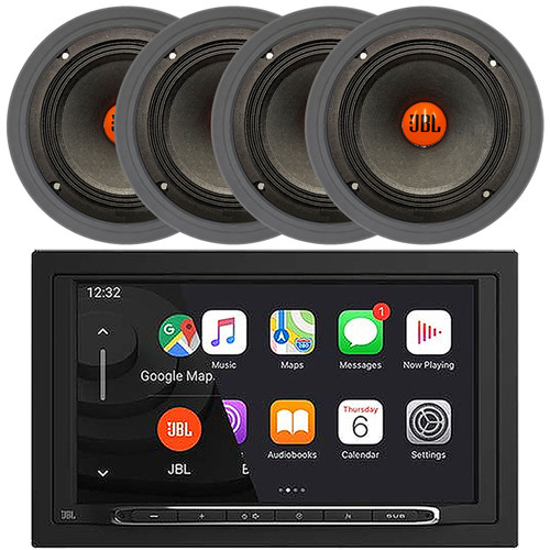 JBL Legend 700 7” Touchscreen Display Double DIN Mechless Bluetooth AM/FM Radio Car Audio Receiver, 4x 6.5" 300 Watt Max Power Midrange Woofer Automotive Speakers, 4x 6.5" Adjustable Speaker Baffle