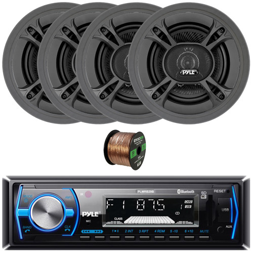 Pyle PLMRB29B Single DIN Marine Bluetooth USB/AUX MP3 AM/FM Radio In-Dash Black Stereo Receiver, 4x 6.5" 300W Max 3-Way Triaxial Component Speakers, 4x 6.5" Adjustable Speaker Baffle, Speaker Wire