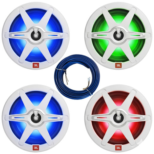 Two Pairs (QTY 4) Of JBL Club 82 8" OEM Replacement 450 Watt Max Power 2-Way High-Performance Marine RGB LED Speakers with White and Gray Grilles, 20 Feet 16 Gauge Speaker Wire