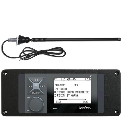 Infinity R3000 Wake Series Marine Bluetooth USB/AUX AM/FM Radio Digital Media Stereo Receiver w/Install Adaptor Plate, Black Flexible Rubber Long Range Radio Antenna