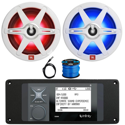 Infinity R3000 Wake Series Marine Bluetooth USB/AUX AM/FM Radio Digital Media Stereo Receiver w/Install Adaptor Plate, 2x 8" 450W Max 2-Way RGB LED Boat Speakers with Grilles, Antenna, Speaker Wire