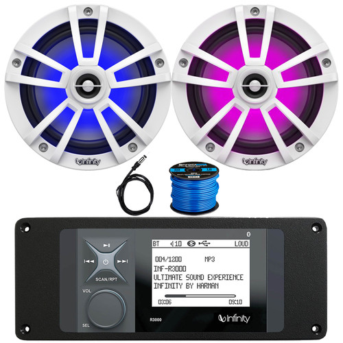 Infinity R3000 Wake Series Marine Bluetooth USB/AUX AM/FM Radio Digital Media Stereo Receiver w/ Install Adaptor Plate, 2x 6.5" 225W Max Waterproof RGB LED White Speakers, 22" Antenna, Speaker Wire