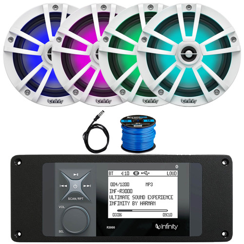 Infinity R3000 Wake Series Marine Bluetooth USB/AUX AM/FM Radio Digital Media Stereo Receiver w/ Install Adaptor Plate, 4x 6.5" 225W Max Waterproof RGB LED Speakers, 22" Antenna, 50 Feet Speaker Wire