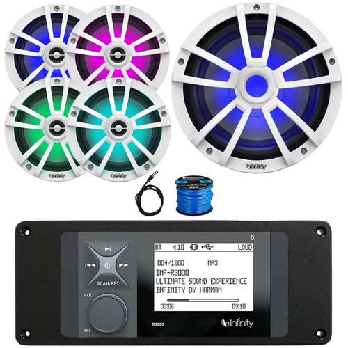 Infinity R3000 Wake Series Marine Bluetooth USB/AUX AM/FM Radio Digital Media Stereo Receiver w/Install Adaptor Plate, 4x 6.5" 225W Max RGB LED White Boat Speakers, 10" RGB LED Subwoofer, Antenna Wire