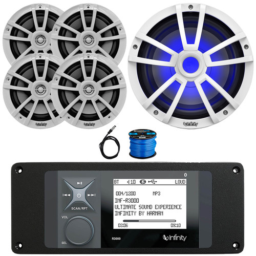 Infinity R3000 Wake Series Marine Bluetooth USB/AUX AM/FM Radio Digital Media Stereo Receiver w/Install Adaptor Plate, 4x 6.5" 225W Max Power 2-Way Boat Speakers, 10" 750W Max Subwoofer, Antenna, Wire