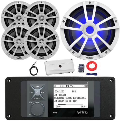 Infinity R3000 Wake Series Marine Bluetooth USB/AUX AM/FM Digital Media Stereo Receiver w/Adaptor Plate, 4x 6.5" 225W Max 2-Way Speakers, 10" 750W Max Subwoofer, 5 Channel Amplifier w/Kit, Antenna