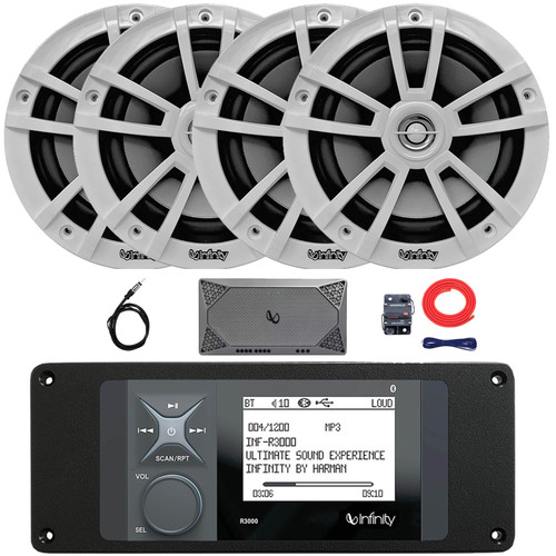 Infinity R3000 Wake Series Marine Bluetooth USB/AUX AM/FM Digital Media Stereo Receiver w/Adaptor Plate, 4x 6.5" 225W Max High-Performance 2-Way Boat Speakers, 4-Channel Amplifier w/Kit, Radio Antenna