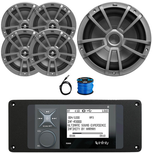 Infinity R3000 Wake Series Marine Bluetooth USB/AUX AM/FM Radio Digital Media Stereo Receiver w/Install Adaptor Plate, 4x 6.5" 180W Max 2-Way Gray Speakers,10" 600W Max Subwoofer, Antenna, Wire