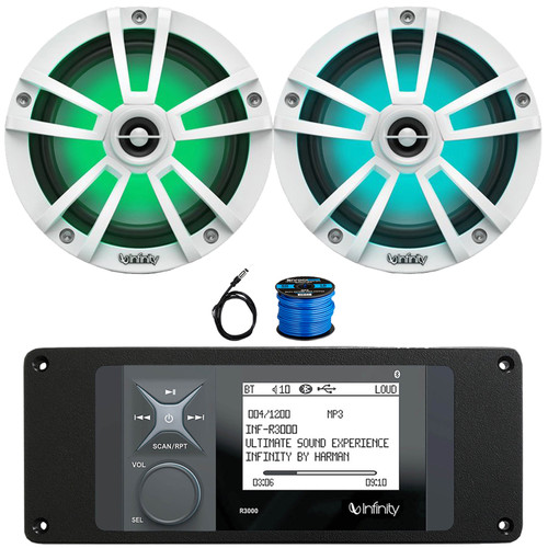 Infinity R3000 Wake Series Marine Bluetooth USB/AUX AM/FM Radio Digital Media Stereo Receiver w/Install Adaptor Plate, 2x 6.5" 225W Max Coaxial RGB LED White Boat Speakers, Radio Antenna, Speaker Wire
