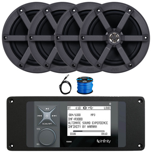 Infinity R3000 Wake Series Marine Bluetooth USB/AUX AM/FM Radio Digital Media Stereo Receiver w/Install Adaptor Plate, 4x 6.5" 100 Watts Max Power 2-Way Boat Speakers, 22" Radio Antenna, Speaker Wire