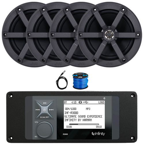 Infinity R3000 Wake Series Marine Bluetooth USB/AUX AM/FM Radio Digital Media Stereo Receiver w/Install Adaptor Plate, 4x 6.5" 100W Max 2-Way Boat Speakers, 22" Radio Antenna, 50 Feet Speaker Wire