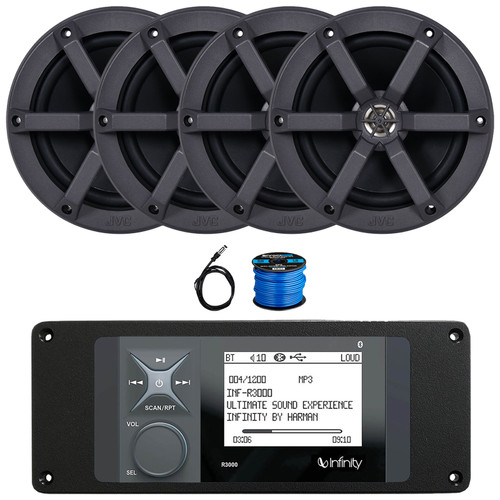 Infinity R3000 Wake Series Marine Bluetooth USB/AUX AM/FM Radio Digital Media Stereo Receiver w/Install Adaptor Plate, 4x 6.5" 100W Max Power 2-Way Boat Speakers, Radio Antenna, 50 Feet Speaker Wire