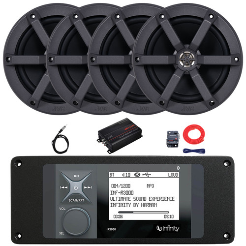 Infinity R3000 Wake Series Marine Bluetooth USB/AUX AM/FM Radio Digital Media Stereo Receiver w/Install Adaptor Plate, 4x 6.5" 100W Max Power 2-Way Speakers, 4-Channel Amplifier w/Kit, Radio Antenna