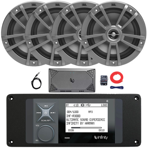 Infinity R3000 Wake Series Marine Bluetooth USB/AUX AM/FM Radio Digital Media Stereo Receiver w/Install Adaptor Plate, 4x 6.5" 180W Max 2-Way Multi-Element Speakers, 4-Channel Amplifier w/Kit, Antenna