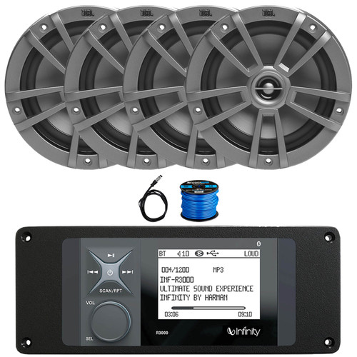 Infinity R3000 Wake Series Marine Bluetooth USB/AUX AM/FM Radio Digital Media Stereo Receiver w/Install Adaptor Plate, 4x 6.5" 180W Max 2-Way Multi-Element Gray Speakers, 22" Antenna, Speaker Wire