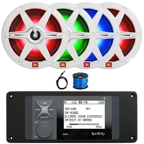 Infinity R3000 Wake Series Marine Bluetooth USB/AUX AM/FM Radio Digital Media Stereo Receiver w/Install Adaptor Plate, 4x 8" 450W Max 2-Way RGB LED Boat Speakers w/Grilles, Radio Antenna, Speaker Wire