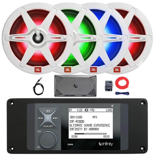 Infinity R3000 Wake Series Marine Bluetooth USB/AUX AM/FM Radio Digital Media Stereo Receiver w/Install Adaptor Plate, 4x 8" 450W Max 2-Way RGB LED Speakers, 4-Channel Amplifier w/Kit, Radio Antenna