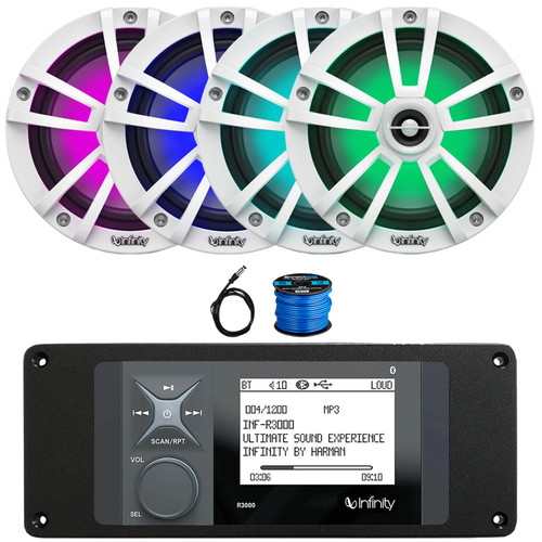 Infinity R3000 Wake Series Marine Bluetooth USB/AUX AM/FM Radio Digital Media Stereo Receiver w/Install Adaptor Plate, 4x 6.5" 225W Max Waterproof RGB LED White Speakers, Radio Antenna, Speaker Wire