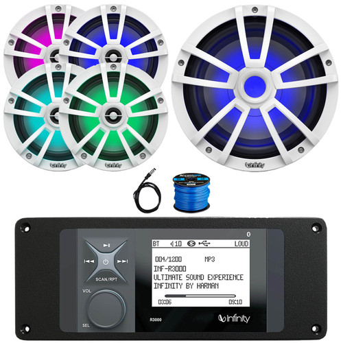 Infinity R3000 Wake Series Marine Bluetooth USB/AUX AM/FM Radio Digital Media Stereo Receiver w/Install Adaptor Plate, 4x 6.5" 225W Max RGB LED Speakers, 10" 750W Max RGB LED Subwoofer, Antenna, Wire