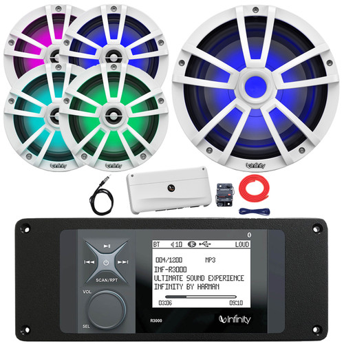 Infinity R3000 Wake Series Marine Bluetooth USB/AUX AM/FM Digital Media Stereo Receiver w/Adaptor Plate, 4x 6.5" 225W Max RGB Speakers, 10" 750W Max RGB Subwoofer, 5 Channel Amplifier w/Kit, Antenna