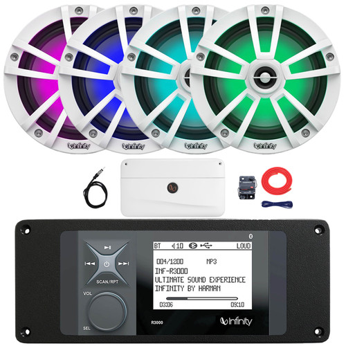 Infinity R3000 Wake Series Marine Bluetooth USB/AUX AM/FM Digital Media Stereo Receiver w/Adaptor Plate, 4x 6.5" 225W Max Waterproof RGB LED White Boat Speakers, 4 Channel Amplifier w/Kit, Antenna