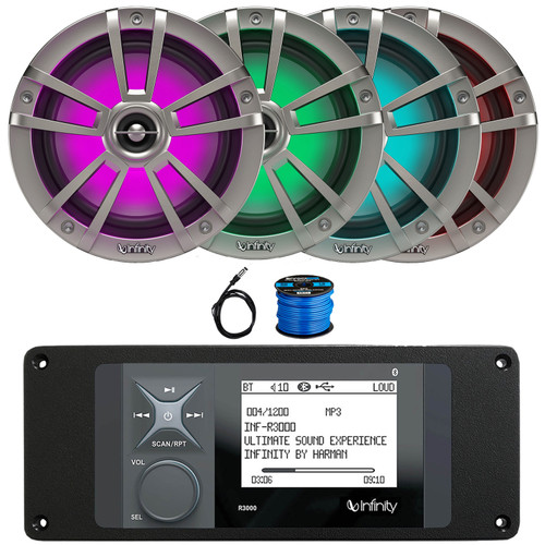 Infinity R3000 Wake Series Marine Bluetooth USB/AUX AM/FM Radio Digital Media Stereo Receiver w/Install Adaptor Plate, 4x 6.5" 226W Max RGB LED Titanium Boat Speakers, 22" Radio Antenna, Speaker Wire