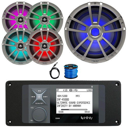 Infinity R3000 Wake Series Marine Bluetooth USB/AUX AM/FM Radio Digital Media Stereo Receiver w/Install Adaptor Plate, 4x 6.5" 226W Max LED Titanium Speakers, 10" 750W Max RGB Subwoofer, Antenna, Wire