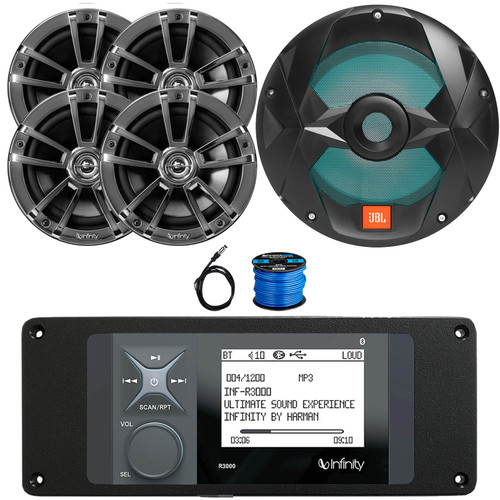 Infinity R3000 Wake Series Marine Bluetooth USB/AUX AM/FM Radio Digital Media Stereo Receiver w/Install Adaptor Plate, 4x 6.5" 225W Max 2-Way Chrome Speakers, 10" 750W Max RGB Subwoofer, Antenna, Wire