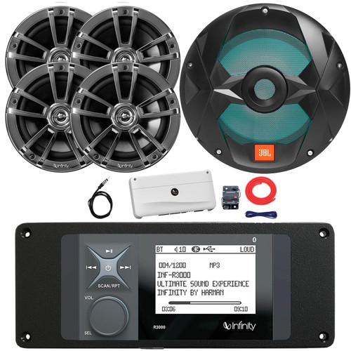 Infinity R3000 Wake Series Marine Bluetooth USB/AUX AM/FM Digital Media Stereo Receiver w/Adaptor Plate, 4x 6.5" 225W Max Chrome Speakers, 10" 750W Max Subwoofer, 5 Channel Amplifier w/Kit, Antenna