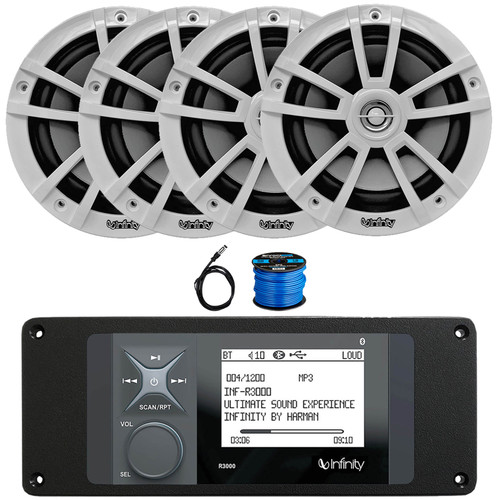 Infinity R3000 Wake Series Marine Bluetooth USB/AUX AM/FM Radio Digital Media Stereo Receiver w/Install Adaptor Plate, 4x 6.5" 225W Max High-Performance 2-Way Speakers, Radio Antenna, Speaker Wire