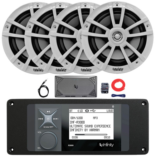 Infinity R3000 Wake Series Marine Bluetooth USB/AUX AM/FM Radio Digital Media Stereo Receiver w/Install Adaptor Plate, 4x 6.5" 225W Max High-Performance Speakers, 4-Channel Amplifier w/Kit, Antenna