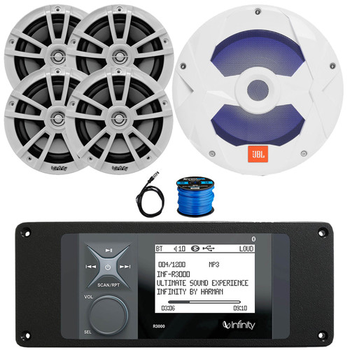 Infinity R3000 Wake Series Marine Bluetooth USB/AUX AM/FM Radio Digital Media Stereo Receiver w/Install Adaptor Plate, 4x 6.5" 225W Max 2-Way Boat Speakers, 10" 750W Max RGB Subwoofer, Antenna, Wire