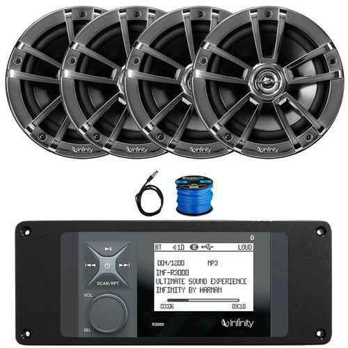 Infinity R3000 Wake Series Marine Bluetooth USB/AUX AM/FM Radio Digital Media Stereo Receiver w/Install Adaptor Plate, 4x 6.5" 225W Max 2-Way Chrome Boat Speakers, 22" Radio Antenna, Speaker Wire